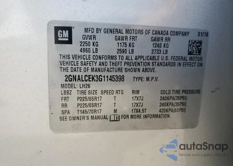 2016 Chevrolet Equinox Lt z USA, uszkodzony, nr VIN 2GNALCEK3G1145398